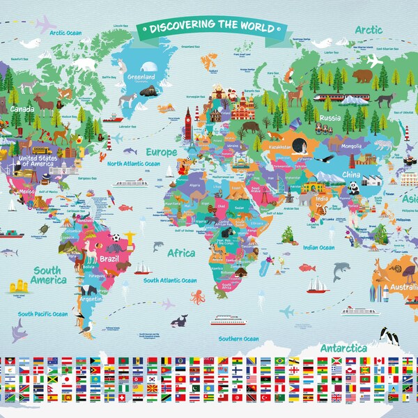 Large Educational World Map | Kids Wall Art | Kids World Map | Illustrated World Map Home Decor | Nursery Children Art Print Decor