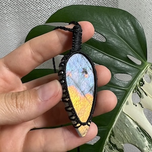 Yellow and blue labradorite macrame necklace with fully adjustable length