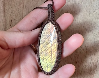 Yellow labradorite macrame necklace with fully adjustable slip knot closure