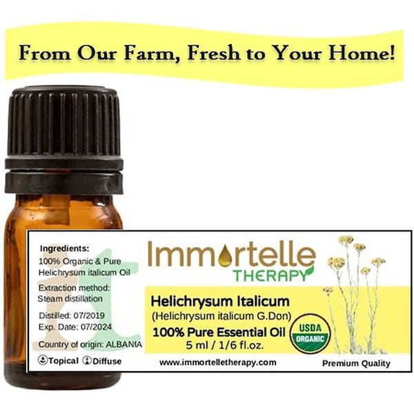 Helichrysum Italicum Essential Oil. 100% Organic & Pure by Immortelle Therapy. Therapeutic Grade. 5 ml