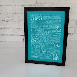 Impresión tipográfica inspiradora "Use protector solar" de Baz Luhrmann: regalo de graduación personalizado