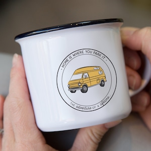 Campervan Superfan Personalised Camping Mug Set | VW Camping Van Coffee Cup | Add Your Name | Vintage Retro Caravan Camper | Ceramic Enamel