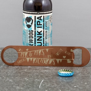 Personalised Bar Blade – Copper Colour Vintage Bunting Bottle Opener  –  Wedding, Anniversary or Unique Best Man & Groomsmen Gifts