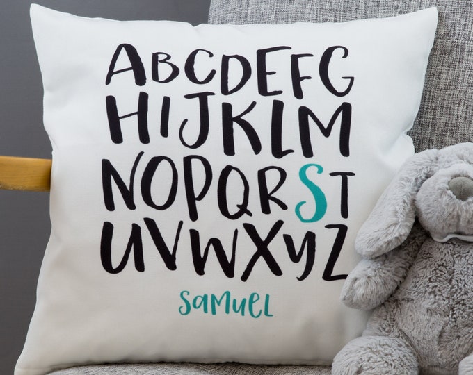 Personalised Scandi Alphabet & Name Nursery Cushion – Playroom or Nursery Decor – New Baby, Unisex Baby Shower, Birthday or Christening Gift