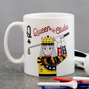 Ensemble de tasses et sous-verres de golf personnalisés Queen of Clubs | Cadeau de golfeur amusant pour femme | Bas de Noël pour la fête des mères