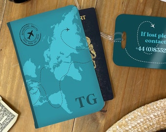 Handmade Personalized Passport Cases for the Modern Explorer and Luggage Tags with World Map, Gift for Her Him, Holiday Adventure