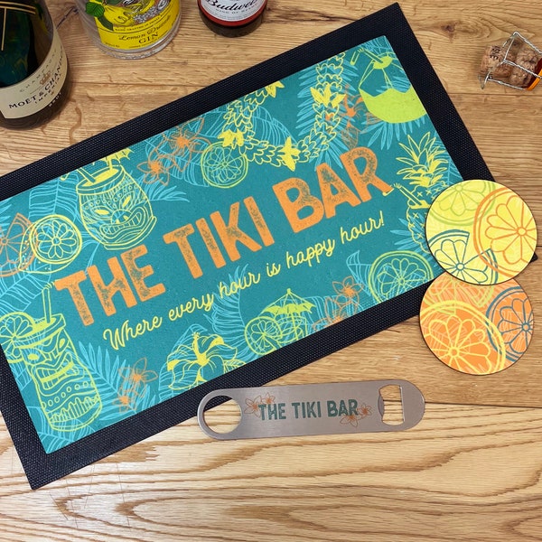 Personalised Tiki Bar Home Pub Set | Customised Mat Runner Coasters Bottle Opener | Beach Hut Exotic Cocktail Tropical Hawaiian Garden Shack