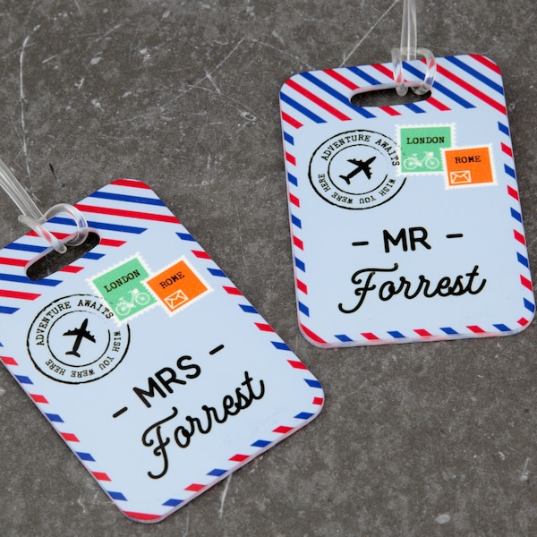 Personalised Air Mail Pair of Luggage Tags | Custom Holiday, Wedding, Anniversary, Travel Gift | Suitcase, Holdall, Weekend, Backpack Labels