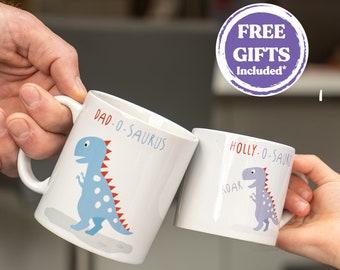 PERSONALISED Dinosaur Family Mug Set - Fun Mummy Daddy Baby Dinosaur New Home Gift Mama Papa Toddler Children Fathers Day Gift, Home Decor