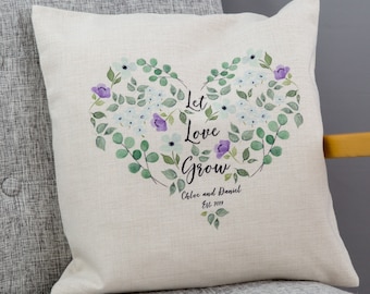 Personalised Heart Cushion | Botanical Flowers Print | Birthday Gift | Wedding Keepsake, 2nd, 4th Anniversary, New Home, Gift for Couple