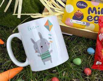 Easter Kids Treat Box | Chocolate Letterbox Pack | Personalised Cute Bunny Mug with Eggs | Any Name Customised Gift Optional Treats