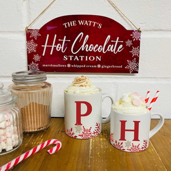 Hot Chocolate Station Gift Christmas Sign & Mugs | Personalised Hot Chocolate Mug Matching Adults and Kids | Family Hot Chocolate Gift Set