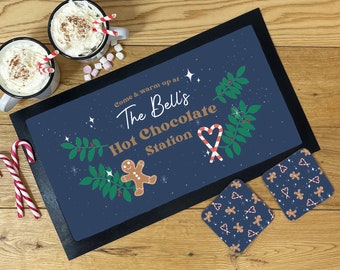 Personalised Hot Chocolate Station | Mug, Coaster & Drinks Mat Gift Set | Festive Family Gingerbread and Candy Cane Themed Hot Chocolate Kit