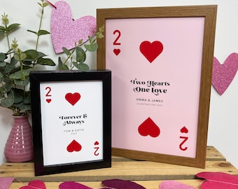 2 of Hearts Playing Card Personalised Print - Romantic Gift for Her Him Boyfriend Husband Couple 1st Anniversary - Gallery Wall Art Retro