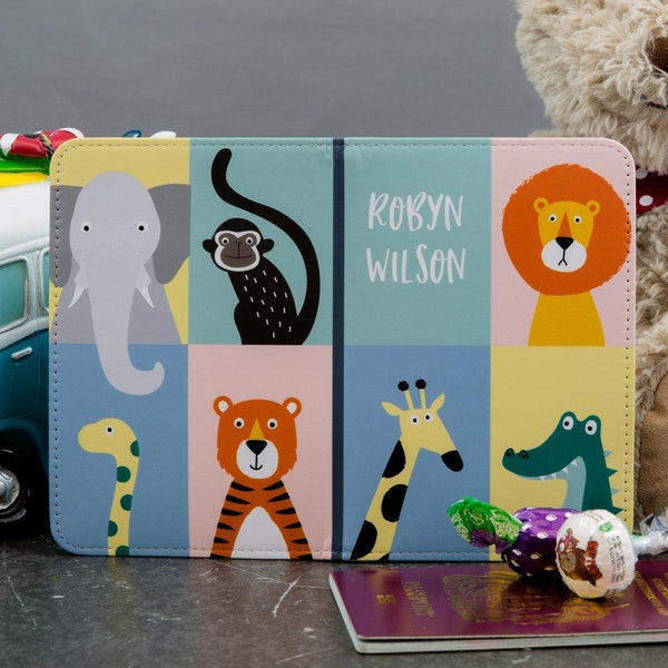 Jungle Animals Passport Photos Cover & Luggage Tag - Personalised Any Name - Gift For Child Kid Toddler First Holiday Vacation Adventure