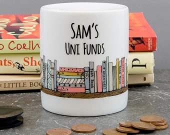 Personalised University Funds Money Box - Literature Books Themed Uni Fund Savings Jar - Student Or Teenage Gift