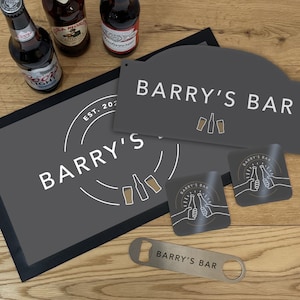 Customised Home Bar Set - Modern Gastro Pub Accessories Gift Ideas For Dad - Birthday Gifts for Him - Personalised Bar Sign & Bar Mat Father