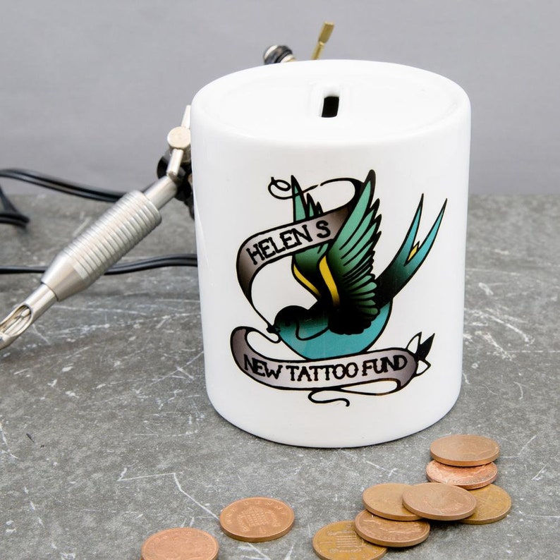 Personalised Tattoo Lovers Gift Tattoo Fund Money Box Ideal Stocking Filler Or Funny Mothers Fathers Gift Swallow Design image 1