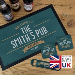 Personalised Vintage Pub Set: Dad&#39;s Bar Accessories, Family Name Snack Box, Father&#39;s Day Gift
