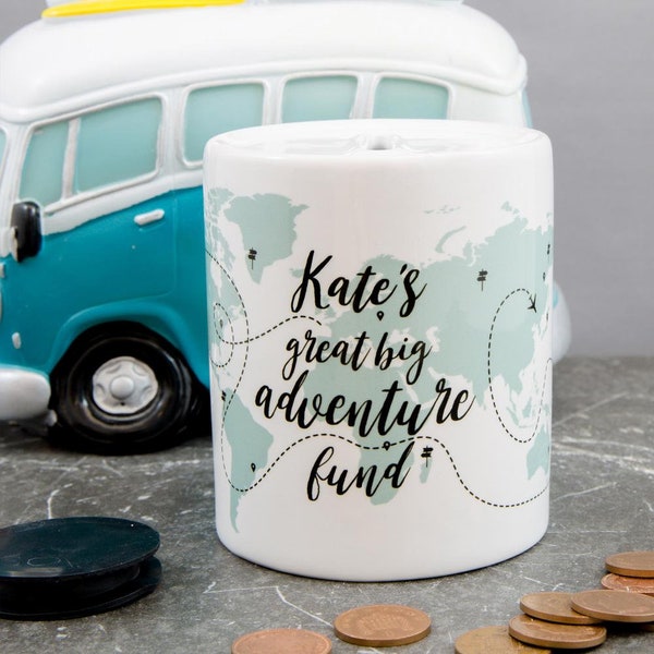 Personalised Adventure Travel Money Box - Fund For Wanderlust Traveller - Savings Jar Piggy Bank