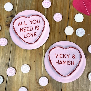 Personalised Love Hearts Sweet Coaster Set - Customised Pair or Pack of 4 - Any Text or Message - Wedding Favours, Anniversary Gift