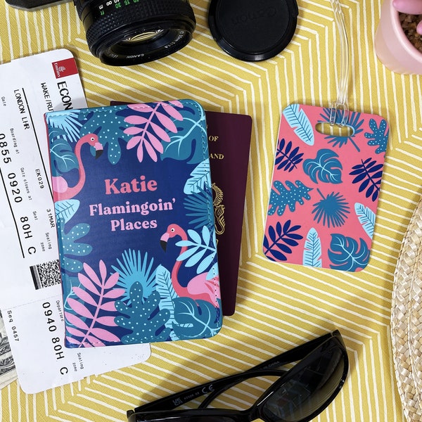 Flamingo Reisepasshülle und Gepäckanhänger Geschenkset | Süßes tropisches Reisegeschenk