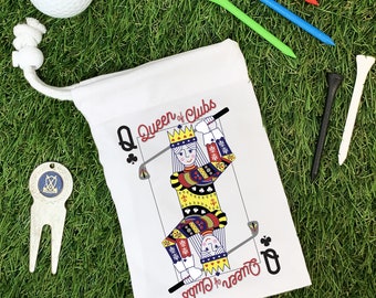 Personalised Queen of Clubs Golf Pouch | Golf Tee Bag stocking filler gift for woman | Funny Golfing Bag Hand Finished in the UK Mothers Day