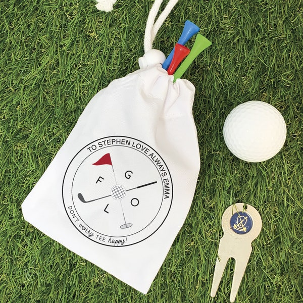 Personalisierte Golf Tee Beutel | Don't Worry Tee glücklich | Golf Teebeutel Geschenk | Lustige Golftasche | Strumpf Stuffer, Geburtstag, Vatertag