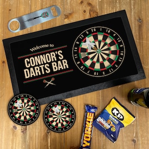 Personalised Darts Bar Set – Bar Mat, Dartboard Coasters & Bottle Opener