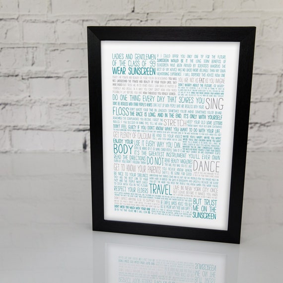 SunScreen Colour QUOTE print wall art poster literary Baz Luhrmann lyrics