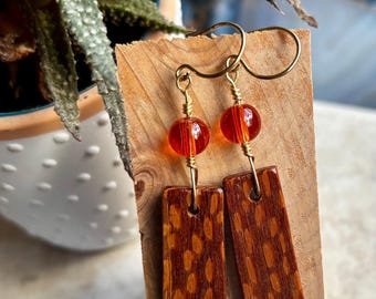 Leopard Wood Rectangle Earrings with Beads