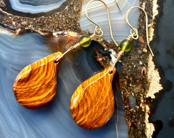 Olive Wood Teardrop Dangle Earrings with Green Bead