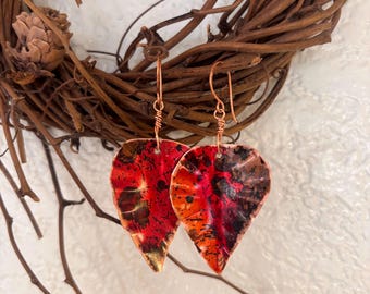 Red Copper Leaf Dangle Earrings