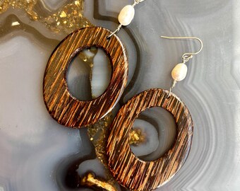 Exotic Black Palm Wood Oval Earrings with Freshwater Pearls