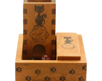 Cute Cat D20 Dice Tray and Tower, DnD Dice Vault, Complete Cozy Gaming Setup for Black Cat Lover Gift, 3-Piece Wood Dice Storage Bundle