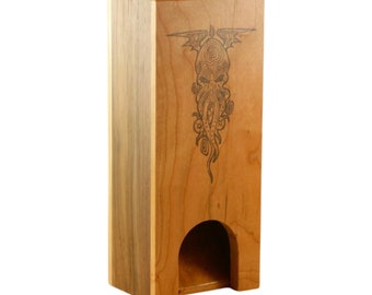 Cherry and Walnut Wooden Dice Tower With Cthulhu Design