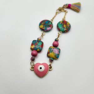 Rainbow Calsilica Bead Pink Heart Shaped Evil Eye Charm Cable Chain Link Bracelet