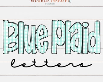 Doodle Letters Blue Plaid Alphabet PNG | Hand Drawn Upper and Lower Case + Numbers Alpha Pack Digital Download | Back to School Font