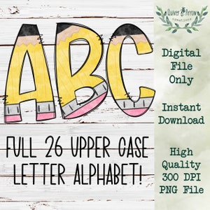 Pencil Doodle Letters Alphabet PNG | Hand Drawn Upper Case Alpha Pack Digital Download | School Supplies Font