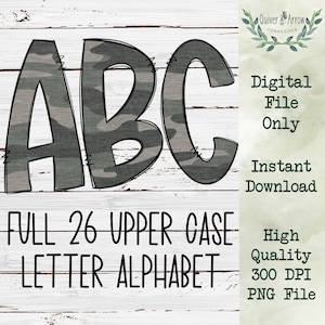 Camo Doodle Letters Alphabet PNG | Hand Drawn Upper Case Alpha Pack Digital Download | Camouflage Alphabet Font
