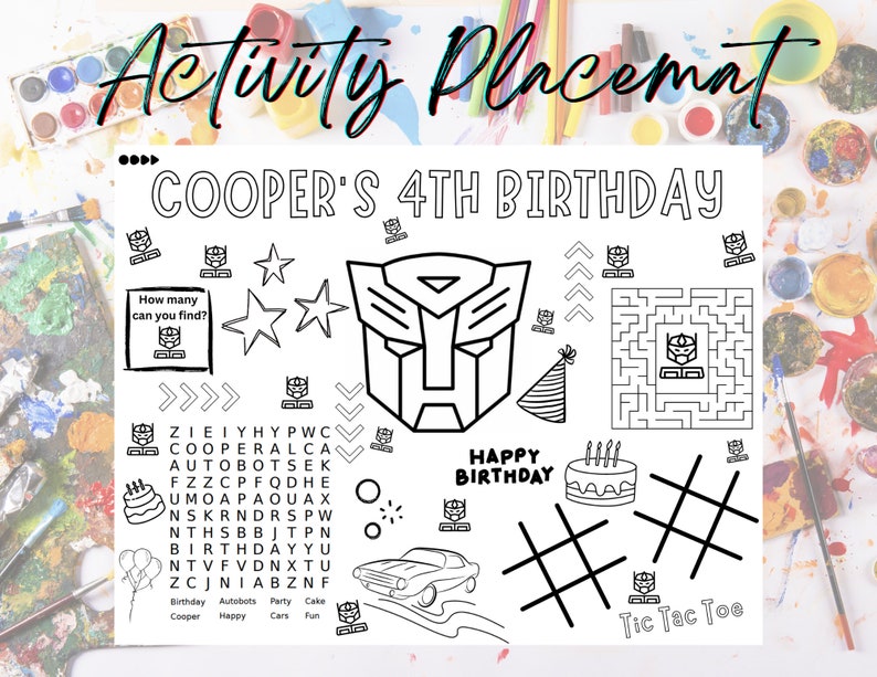 Personalized Transformer Party Activity Sheet Birthday Party Placemat
