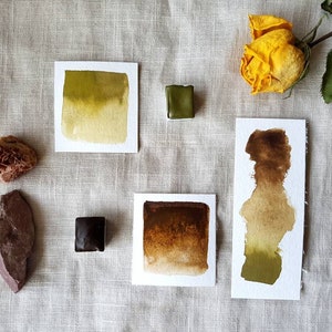 2 for 1 - Olive Green and Natural Umber #1 - Half Pans - Handmade Watercolours