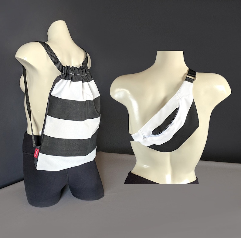 Sports Drawstring Backpack And Bumbag Fanny Pack Matching Gift Set Weekend Festival Travellers Bags Black White Stripe Gym Bag Set