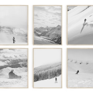 Snowboard Set of 6, Ski, Nature, Black, White, Grey, Art, Snow, Winter, Decor, Modern Home, Forest , Gift, Bedroom Living Room, Downhill