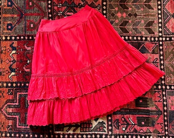 Vintage Red Satin Tiered Ruffle Slip Skirt
