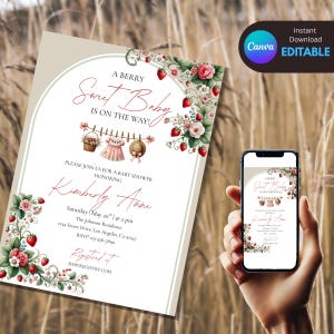 Bewerkbare uitnodiging, Strawberry Berry Sweet Invite Girl, Baby Shower Uitnodiging, Instant Download, Populaire Strawberry Baby Invite-sjabloon