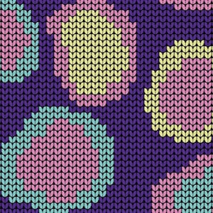 May include: A seamless pattern of knitted circles in various colors, including pink, blue, yellow, and purple. The circles are arranged in a random pattern on a dark purple background.