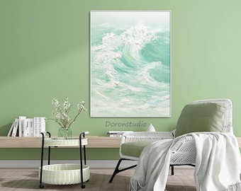 Large Mint Green Ocean Wave Painting Hand Painted Abstract Seascape Canvas Art Textured Coastal Wall Art Modern Beach House Decor