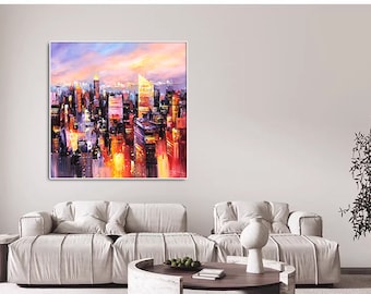Modern abstract cityscape painting original urban seascape art city skyline texture hand painted painting on canvas wall art