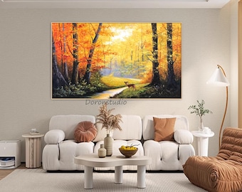 Autumn Forest Oil Painting on Canvas – Hand-Painted Deer Landscape Wall Art Fall Trees with Sunlight Nature Scene For Living Room Decor